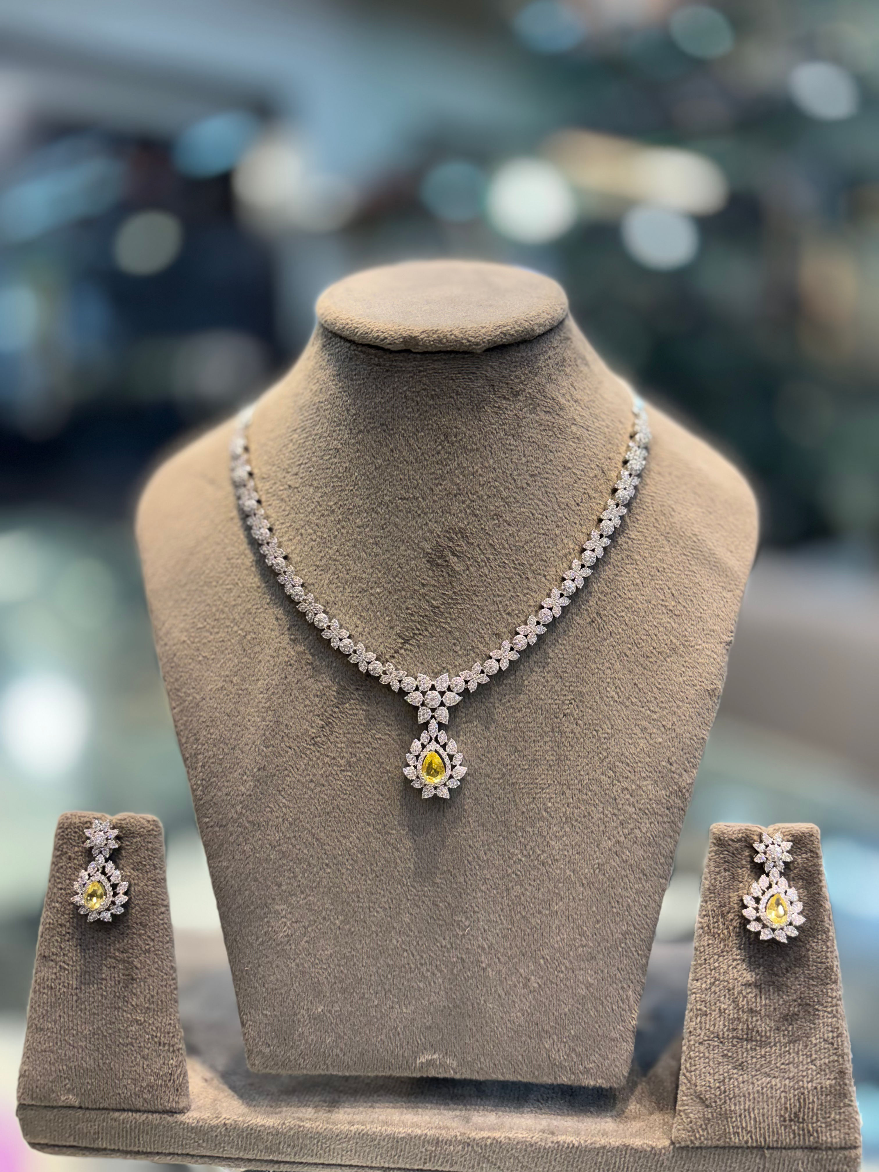 Real looking diamond studded necklace with earrings - Citrine