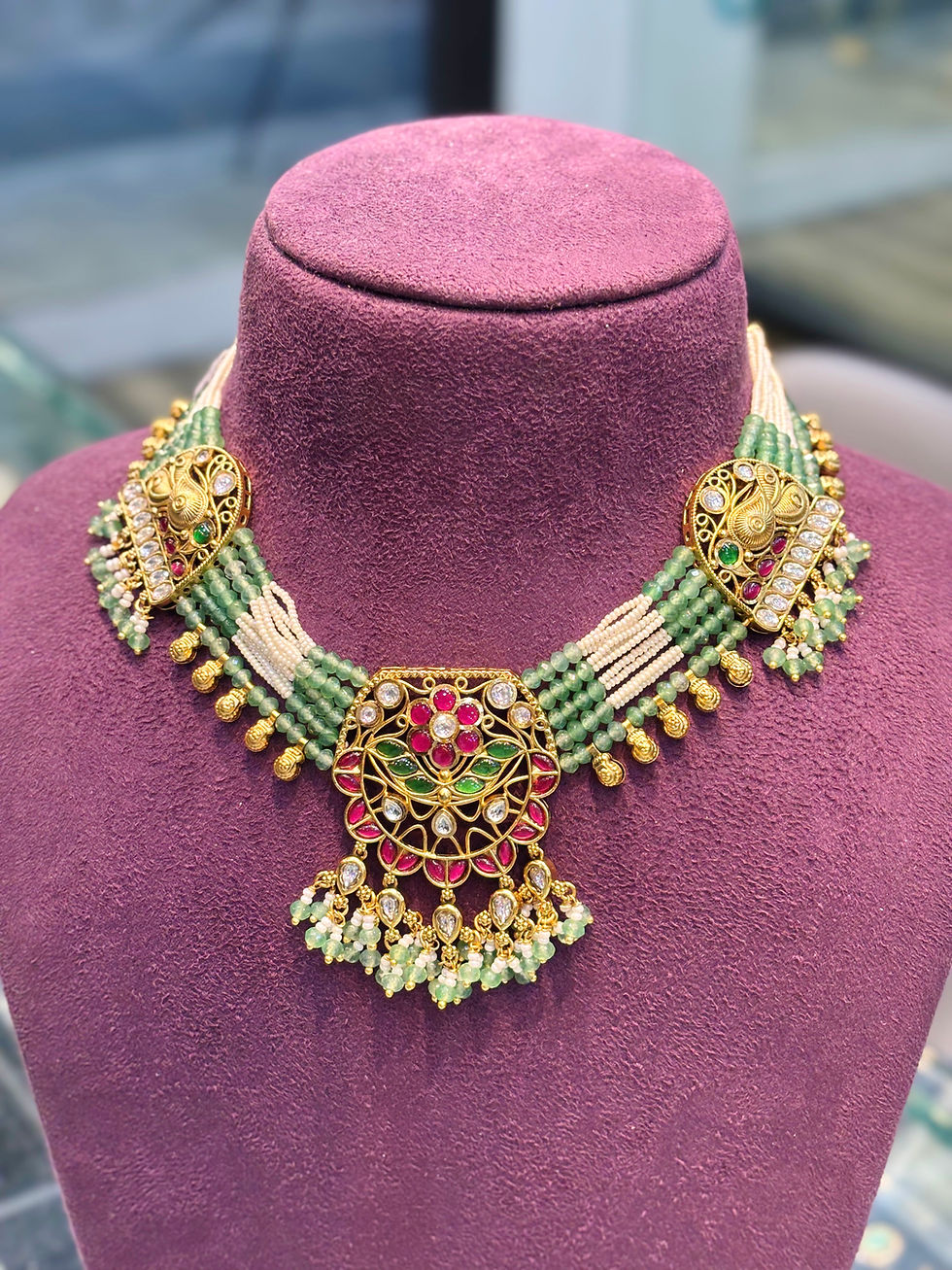Thumbnail: Real looking antique gold long heritage / rajwadi necklace and earrings 