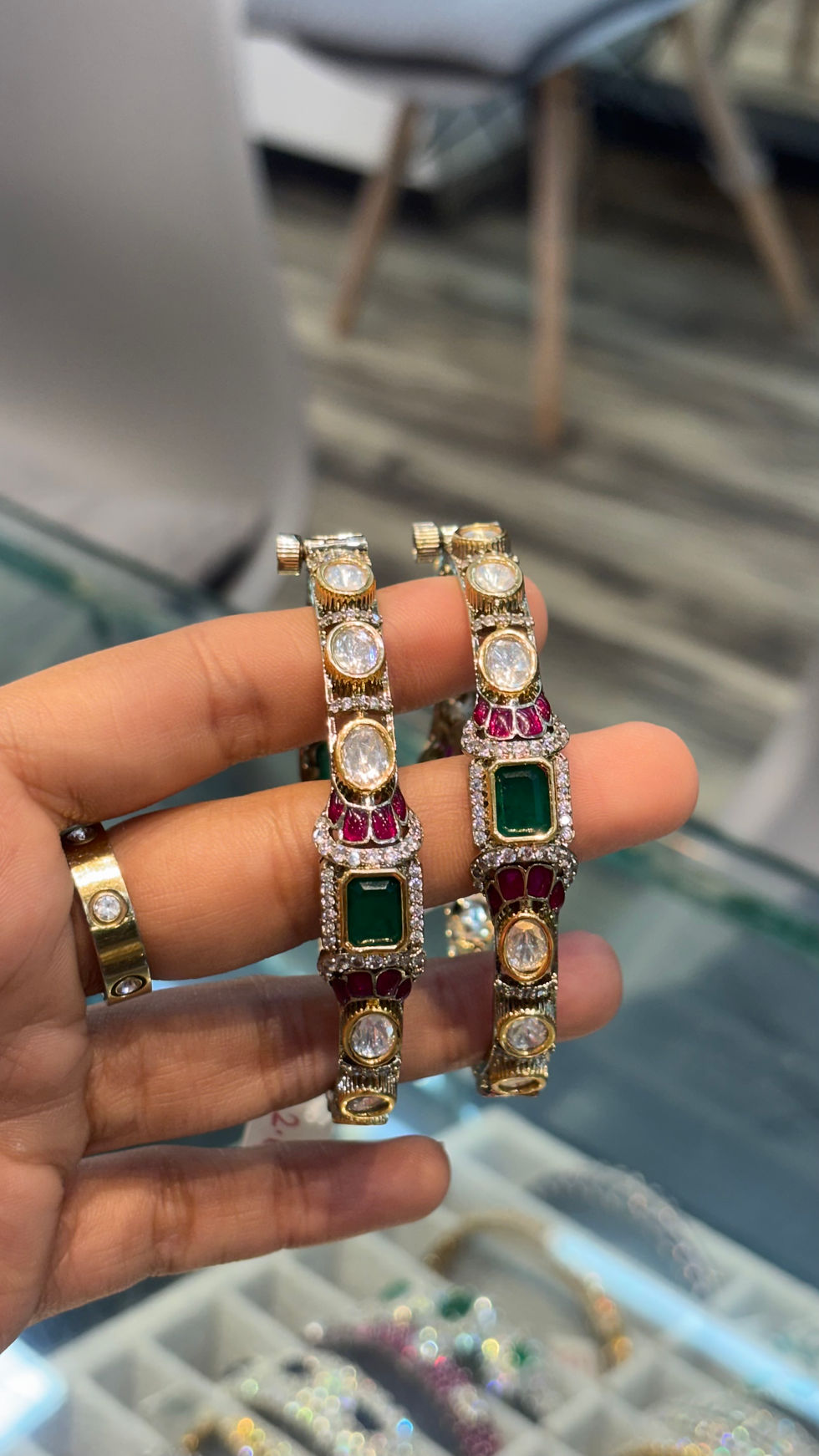 Thumbnail: Polki bangles ruby green - openable - one pair - 2 pieces 