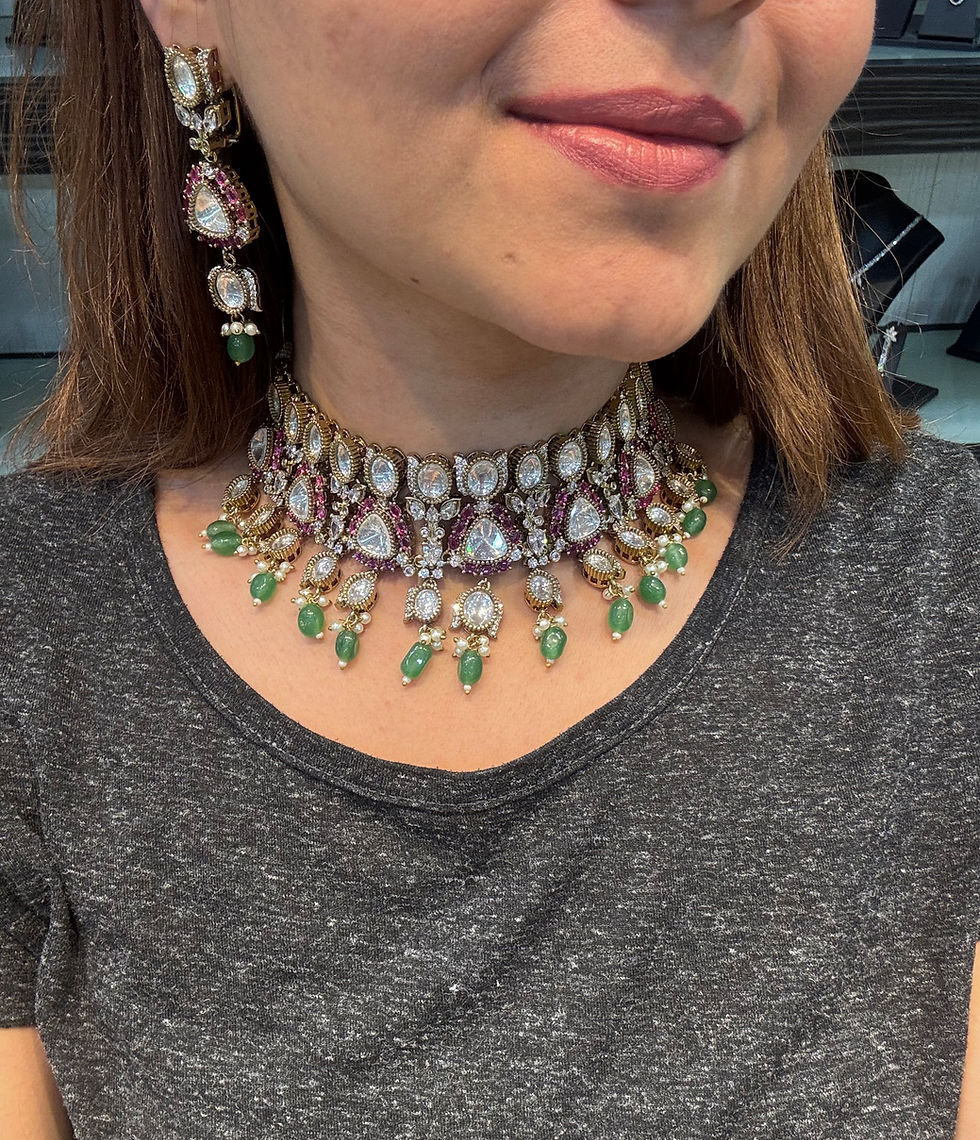 Thumbnail: Moissanite polki ruby green choker necklace with earrings - victorian polish 