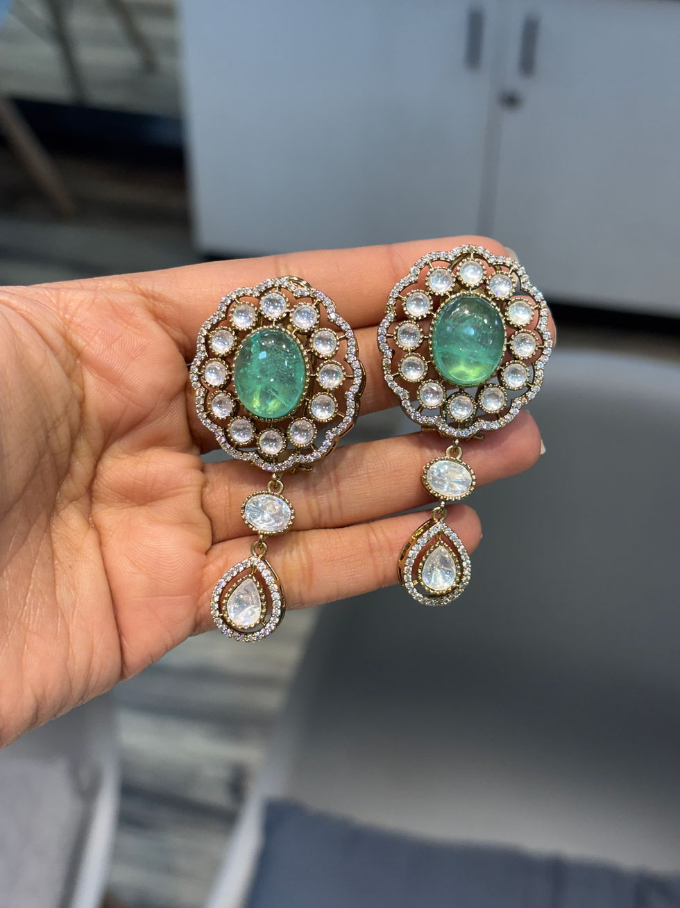 Thumbnail: Moissanite polki choker necklace , earrings and mang tika - mint green
