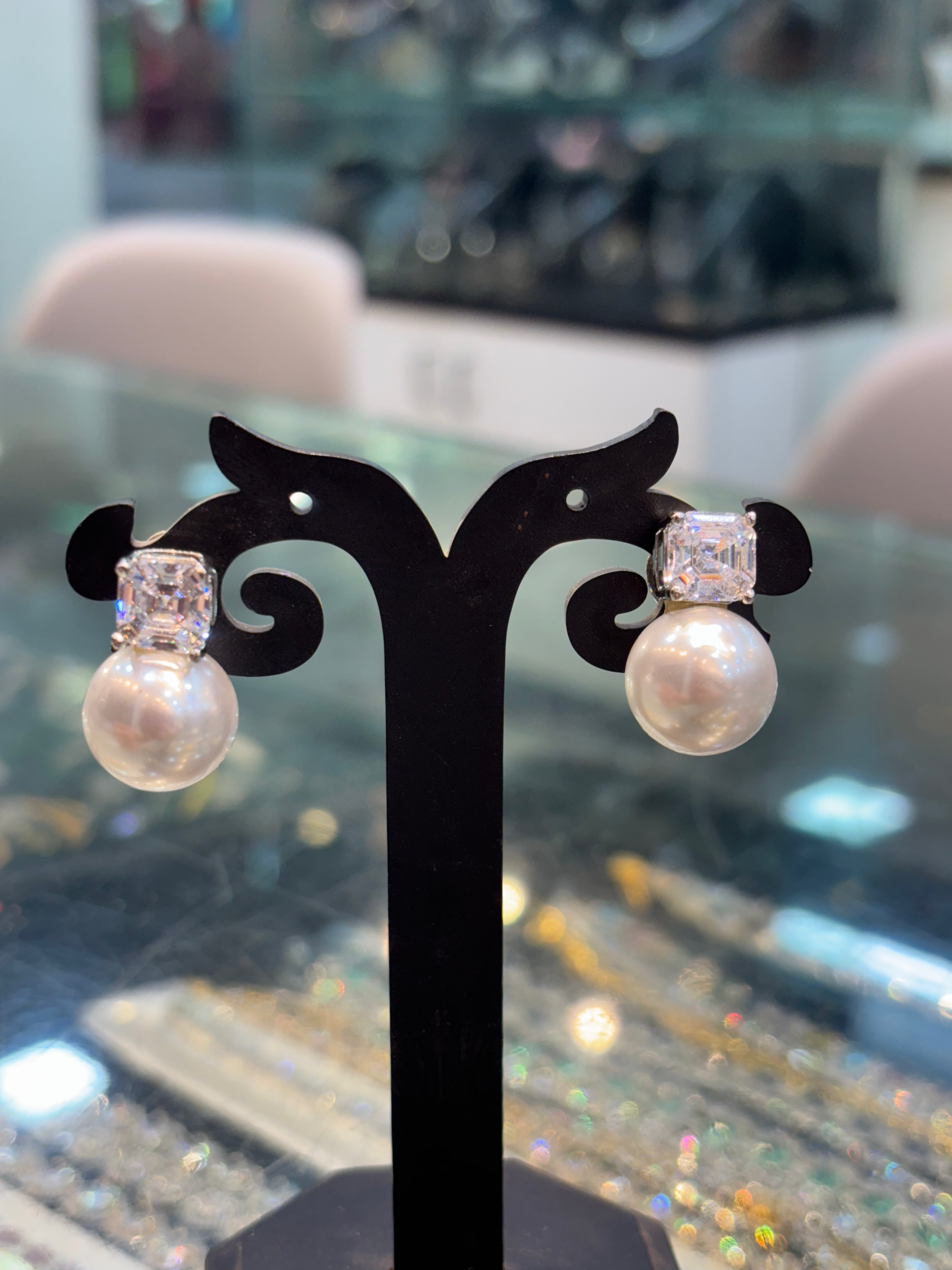 Ascher cut diamond studs with stuck pearl drops 