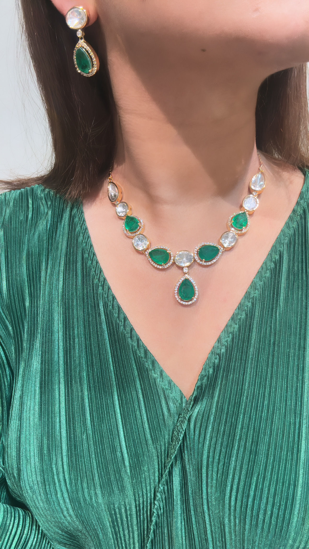 Premium polki emerald doublet drop necklace and  earrings