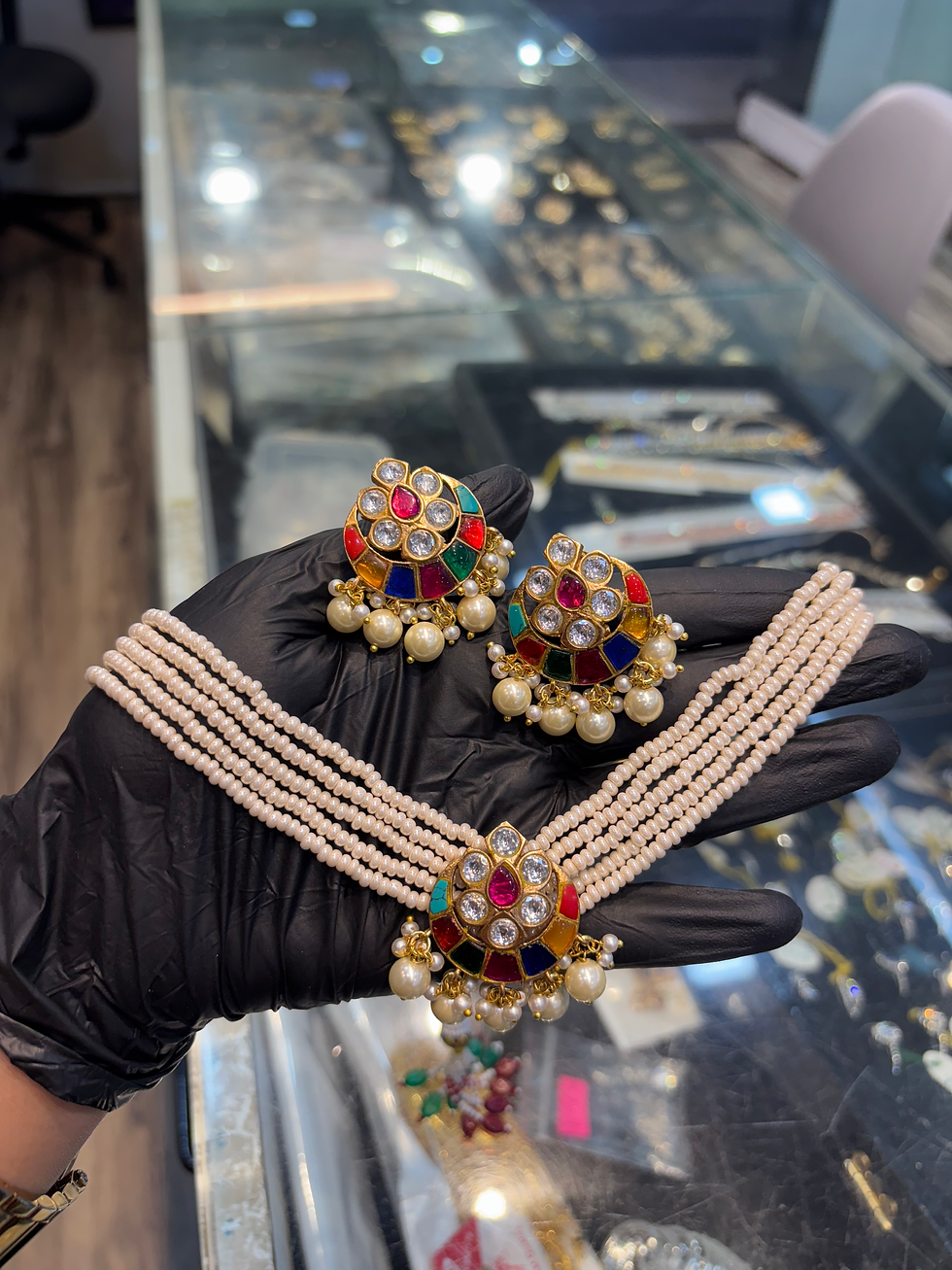 Thumbnail: Jadau navratna pearl choker necklace with earrings 