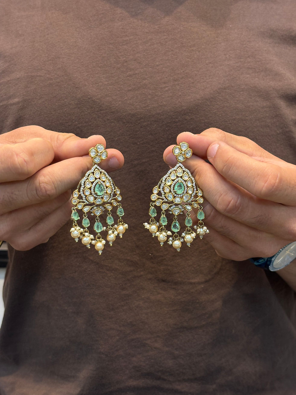 Thumbnail: Premium polki doublet studded necklace, earrings & tika -two tone polish - mint 