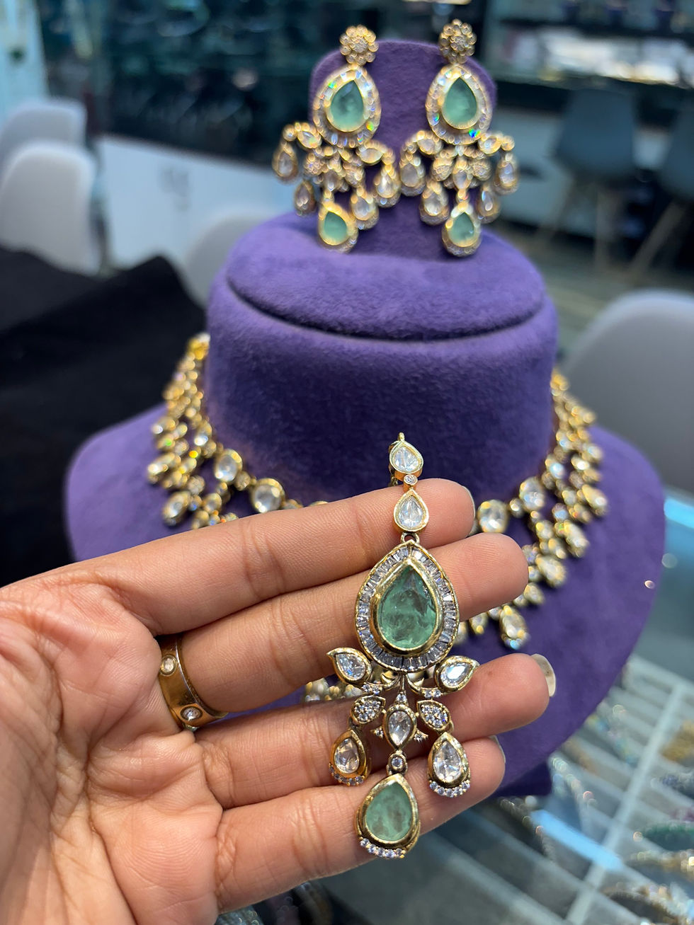 Thumbnail: Polki dual layer drop necklace with earrings and mang tika - Mint green 