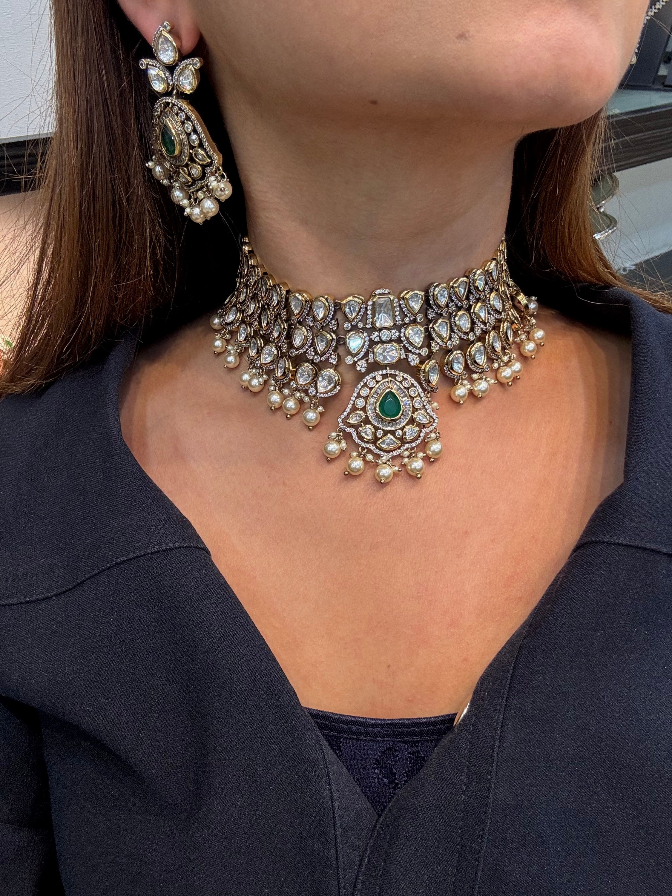 Polki choker necklace with earrings and mang tika 