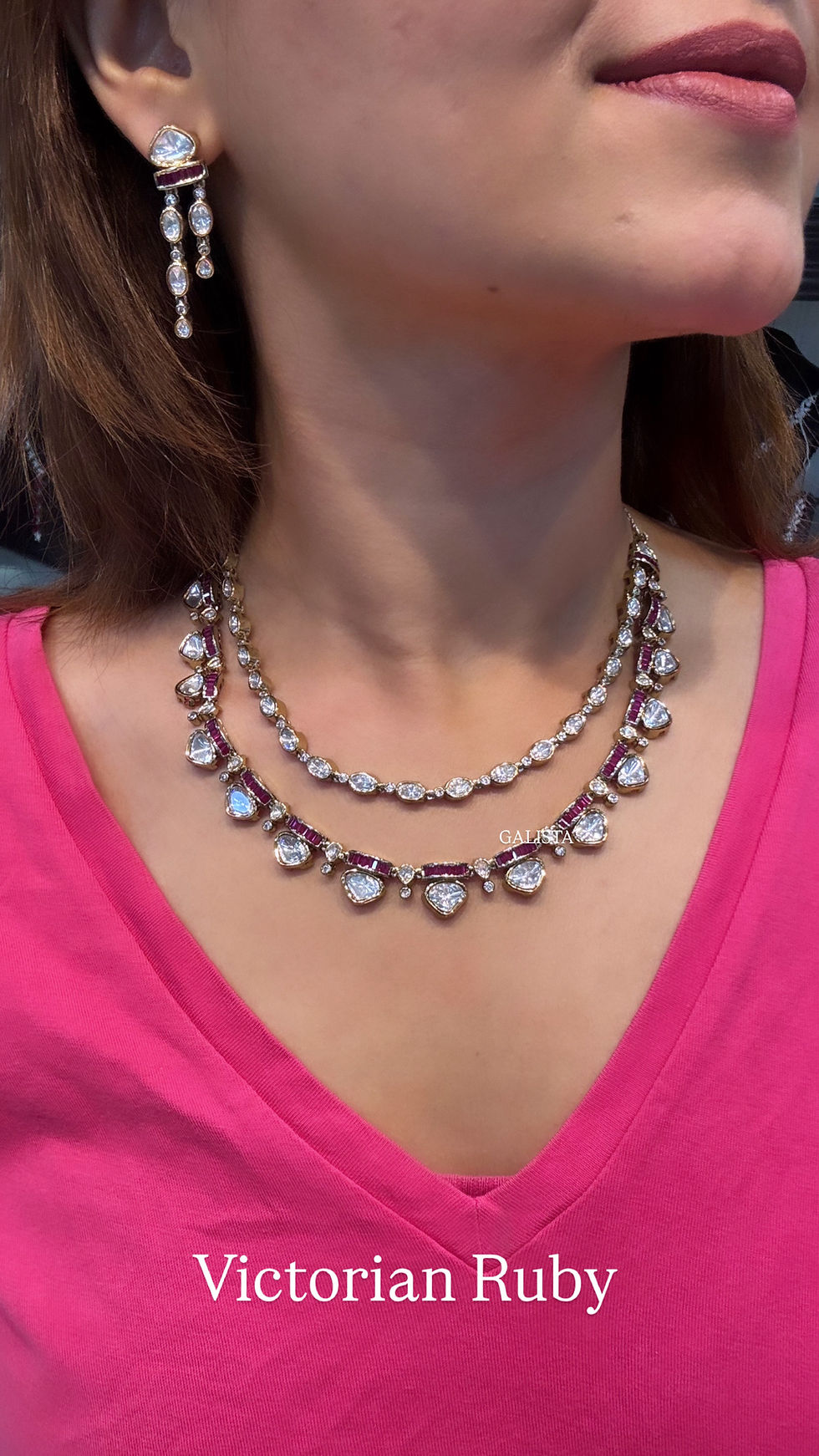 Thumbnail: Dual layer polki baguette studded necklace and earrings - 3 colours - 2 polishes