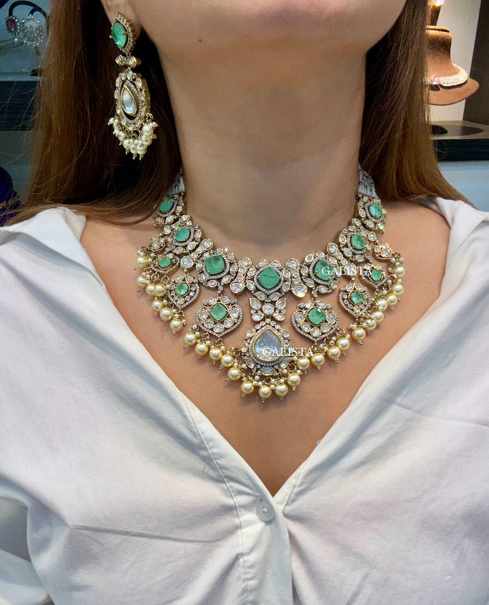 Thumbnail: Premium polki doublet studded necklace, earrings and mang tika - mint