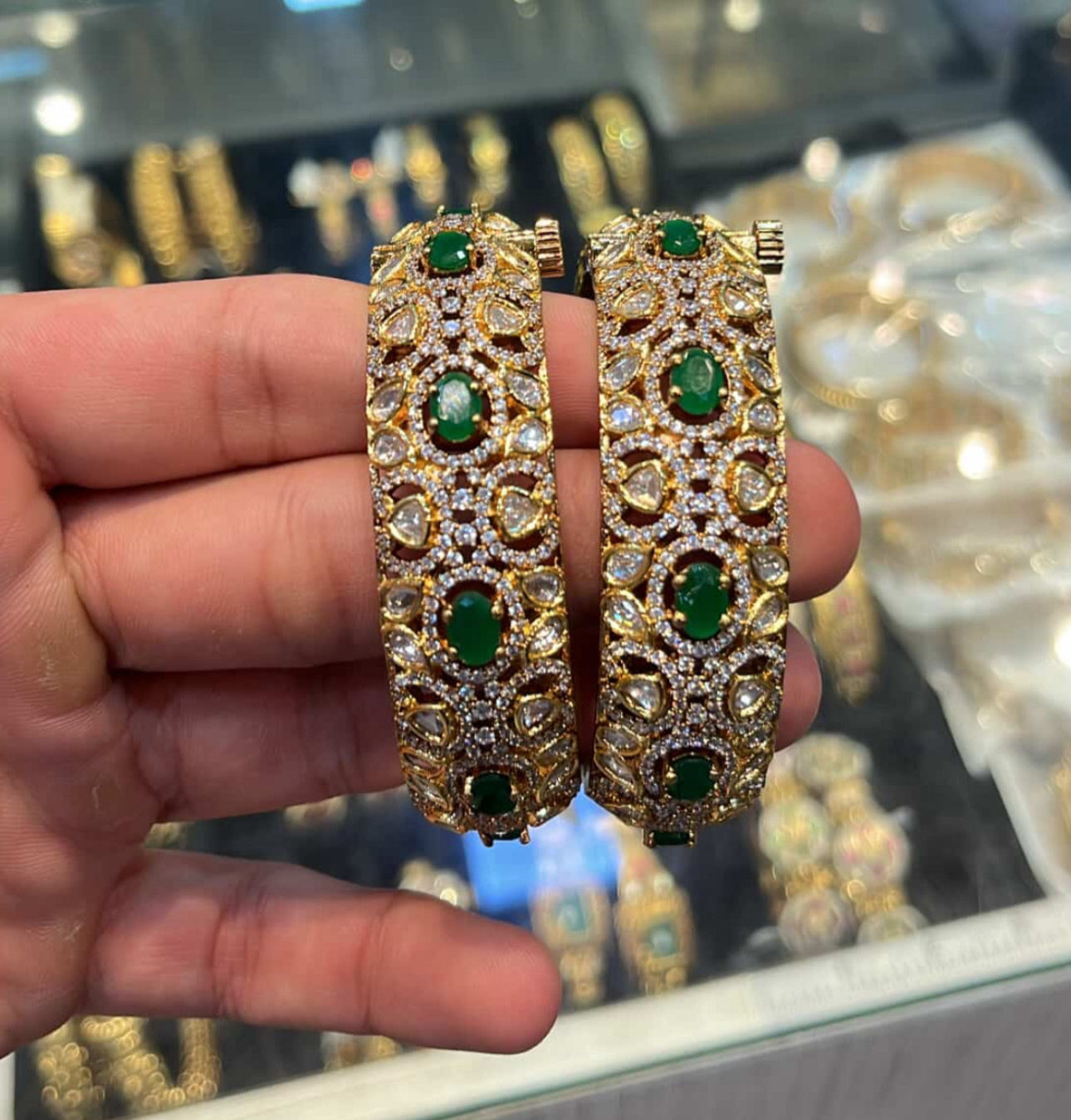 Victorian kada bangles in two tone polish - Green - one pair - 2 pieces 