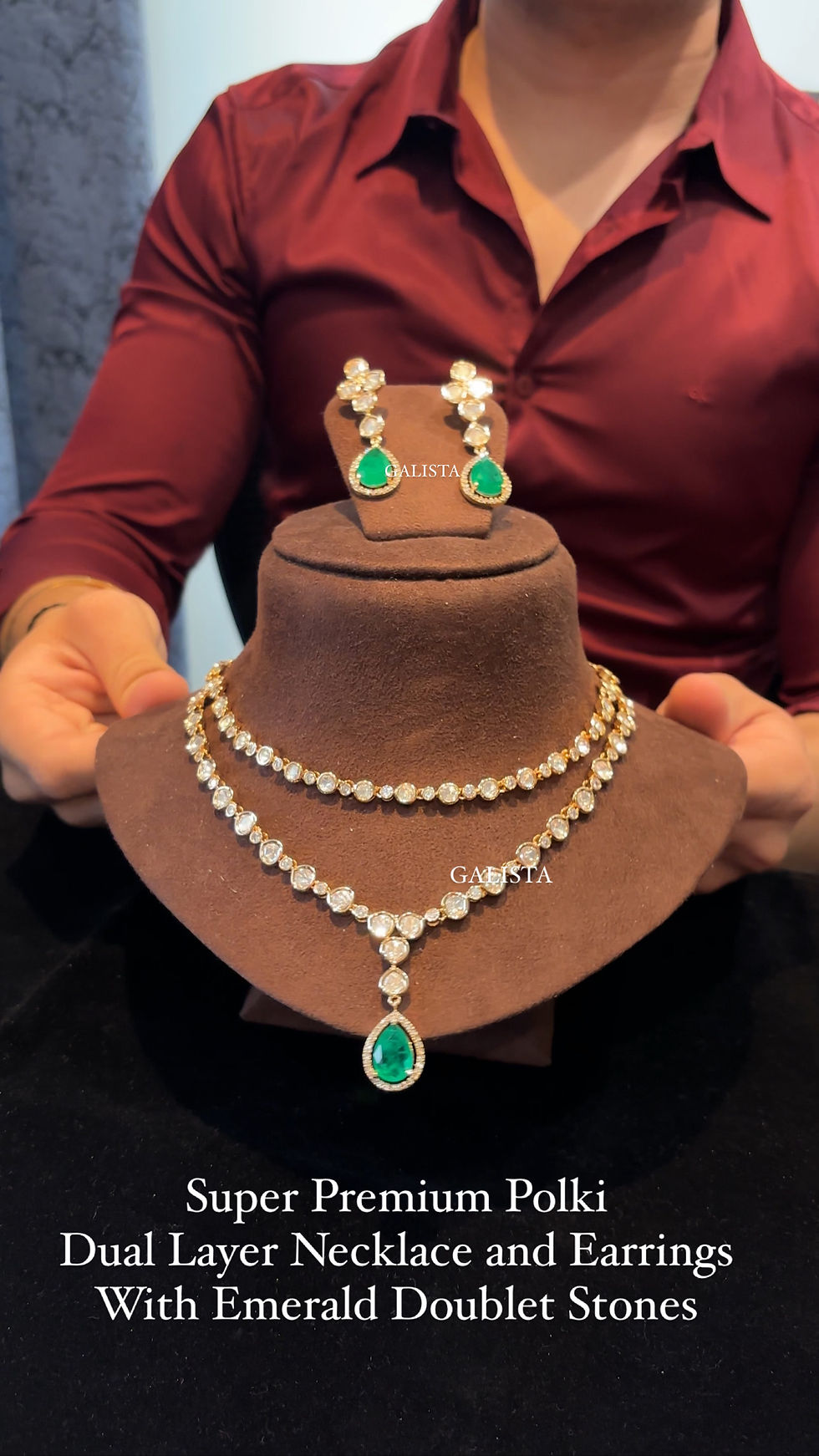 Thumbnail: Premium polki dual layer necklace and  earrings with emerald doublet drop