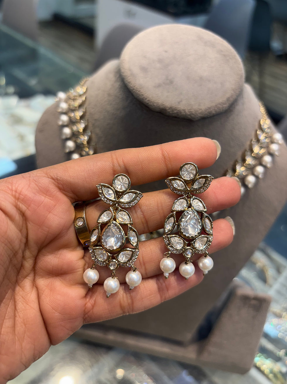 Thumbnail: Victorian polki  pearl  studded necklace and earrings 