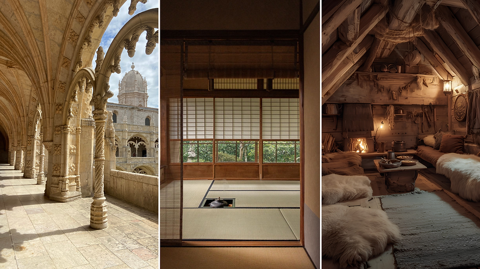 Ambientes inspirados em arquitetura histórica, minimalismo japonês e aconchego nórdico, representando espaços que promovem calma, silêncio e bem-estar emocional.