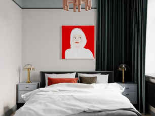 Decoração de quarto com paleta neutra e destaque vibrante em vermelho, combinando elegância e contraste visual.