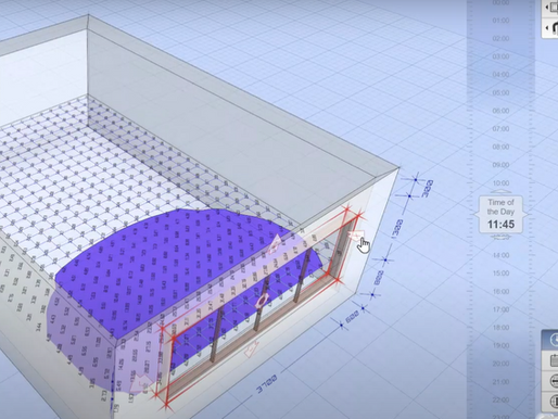 Simulação de iluminação natural em ambiente interno no software DIALux, usada para otimizar conforto e eficiência em projetos sustentáveis.