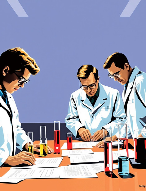 scientists standing around a table staring at papers and test tubes.jpg