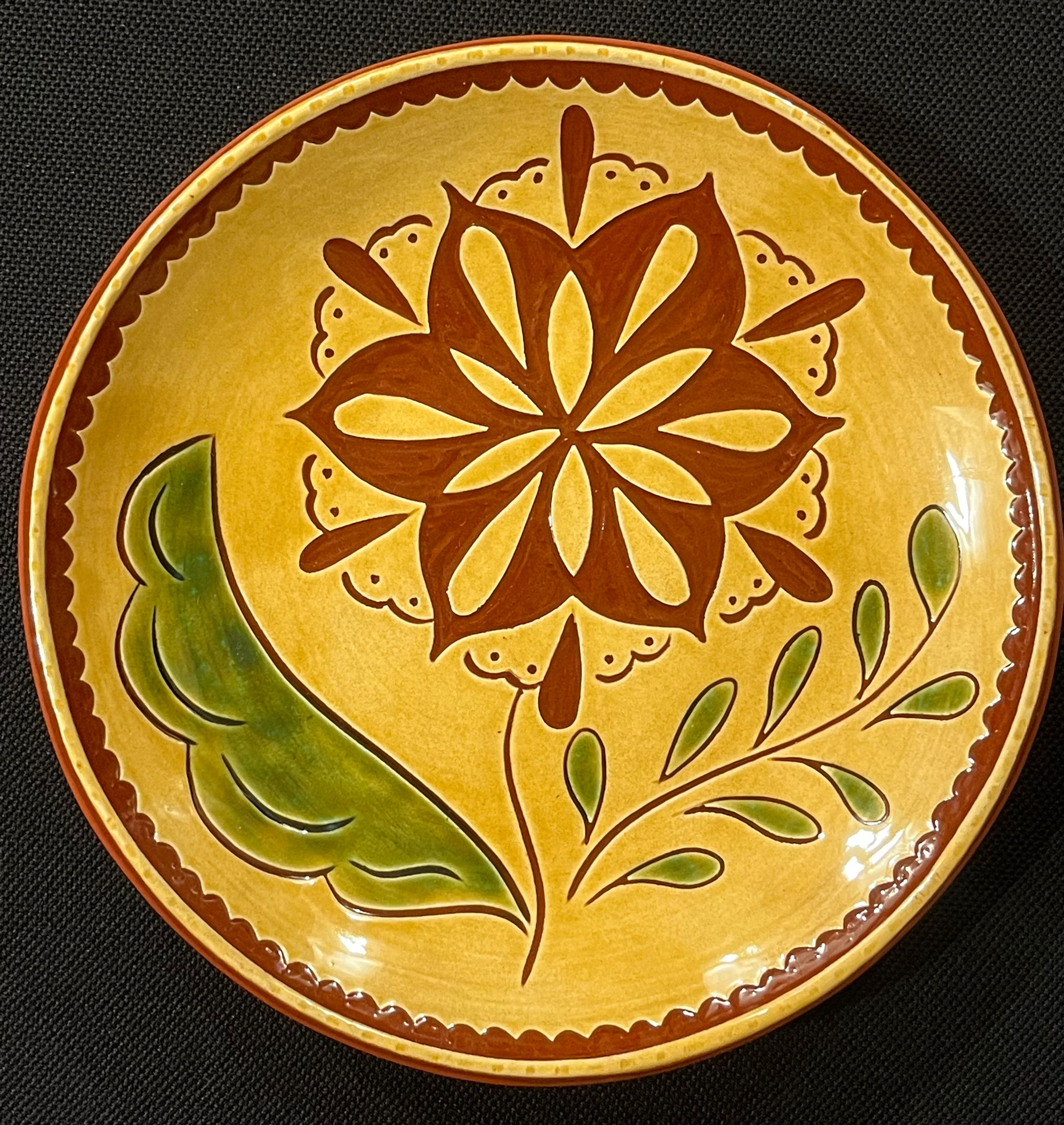 Pennsylvania German Redware Sgraffito 7 inch plate made by Denise Wilz in her mid-1700 stone home