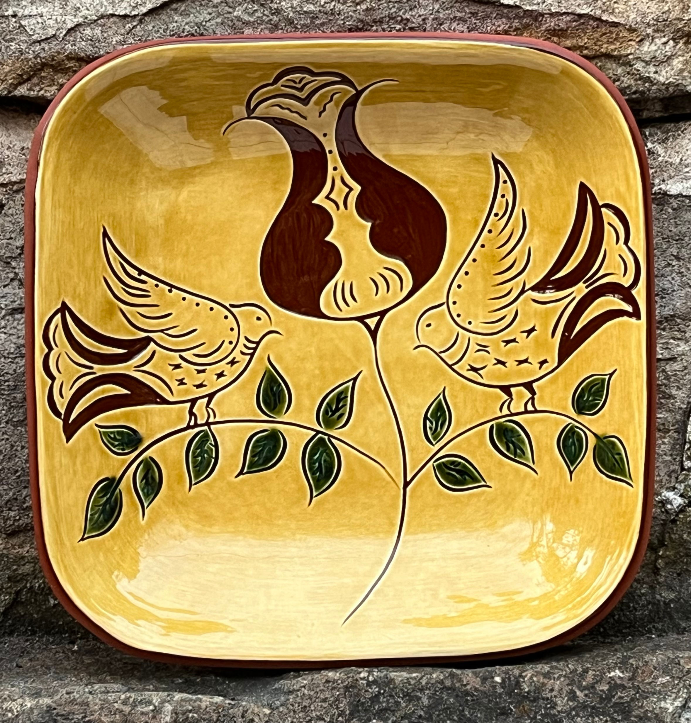 Square redware bowl decorated with the sgraffito technique in the tradition of the 17 & 1800s Pennsylvania German potters