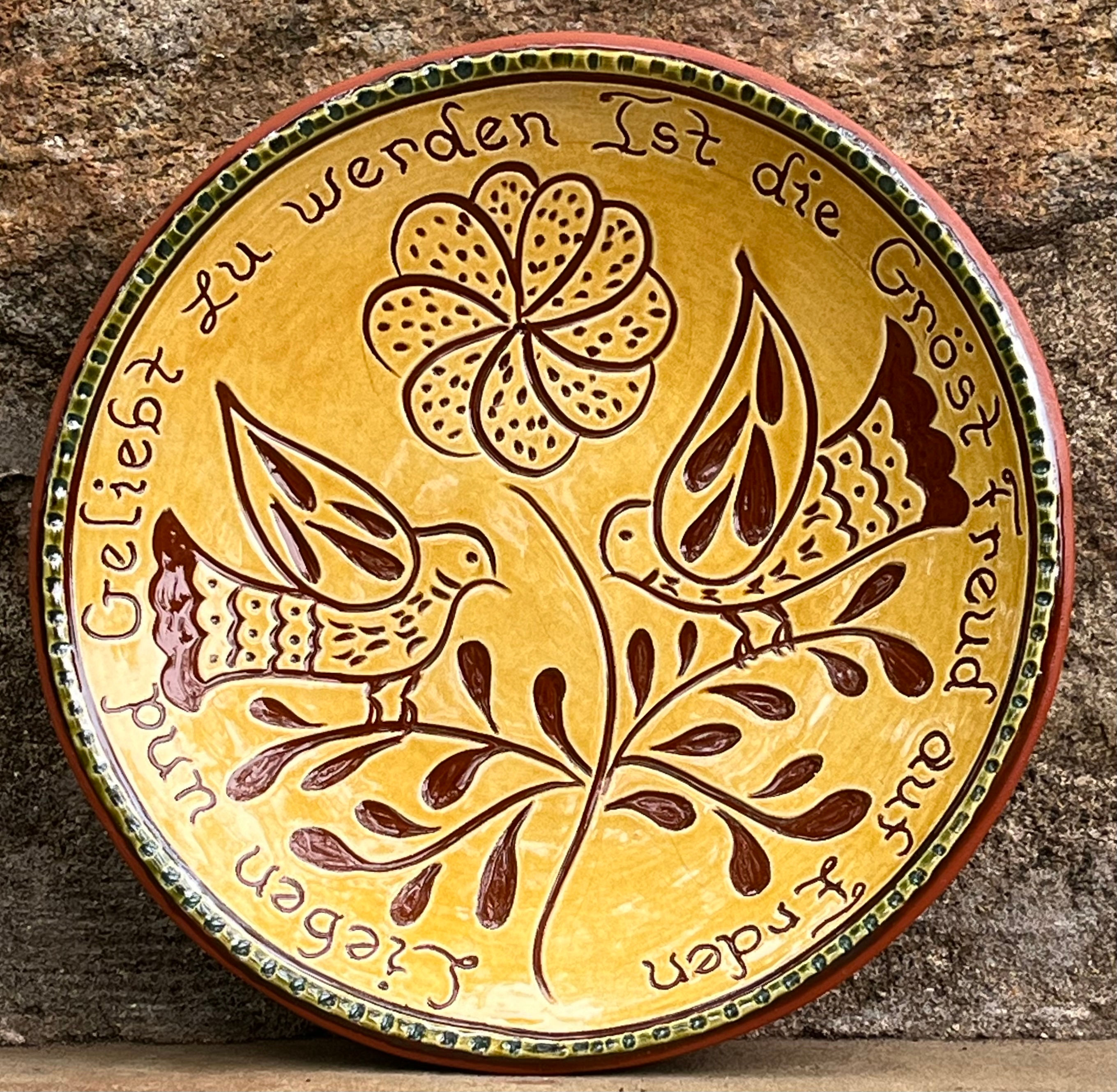 Handmade Pennsylvania German Redware Plate - Love Birds with a Flower - SG1569