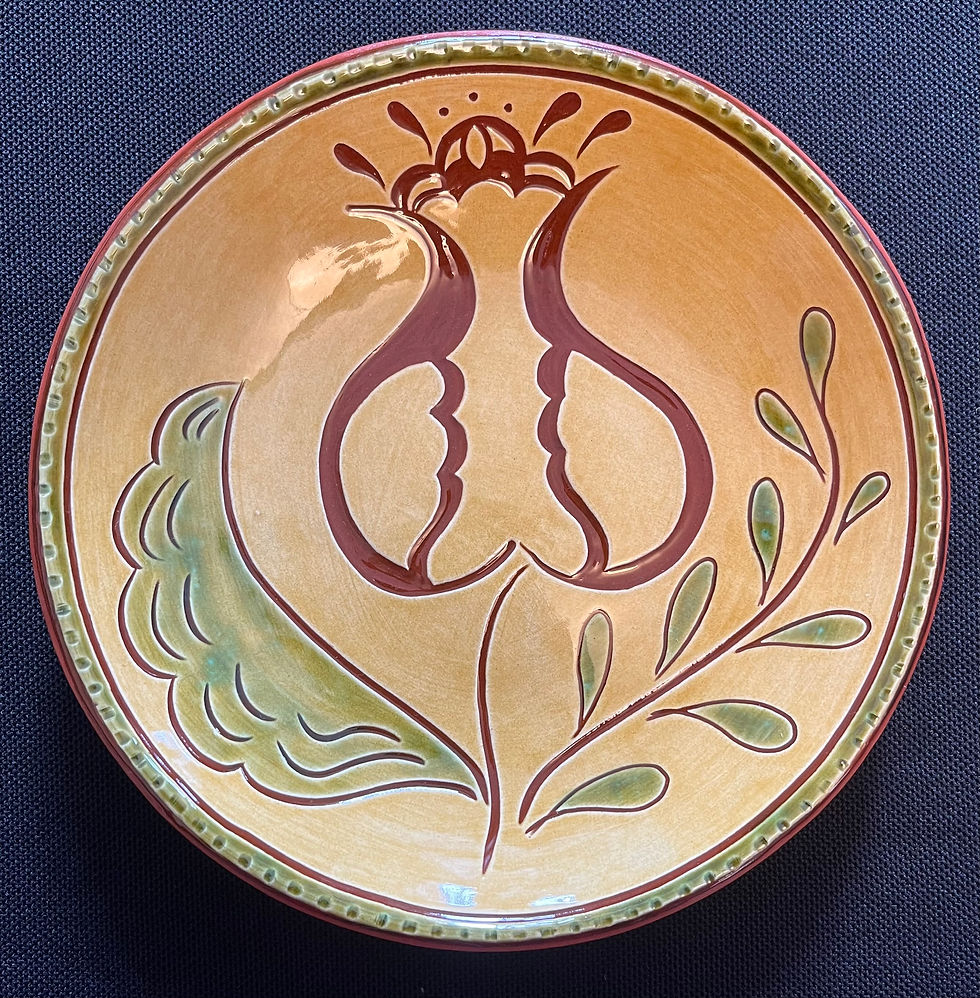 Pennsylvania Redware Sgraffito 7 inch plate made by Denise Wilz in her mid-1700 stone home located in Lehigh County, PA