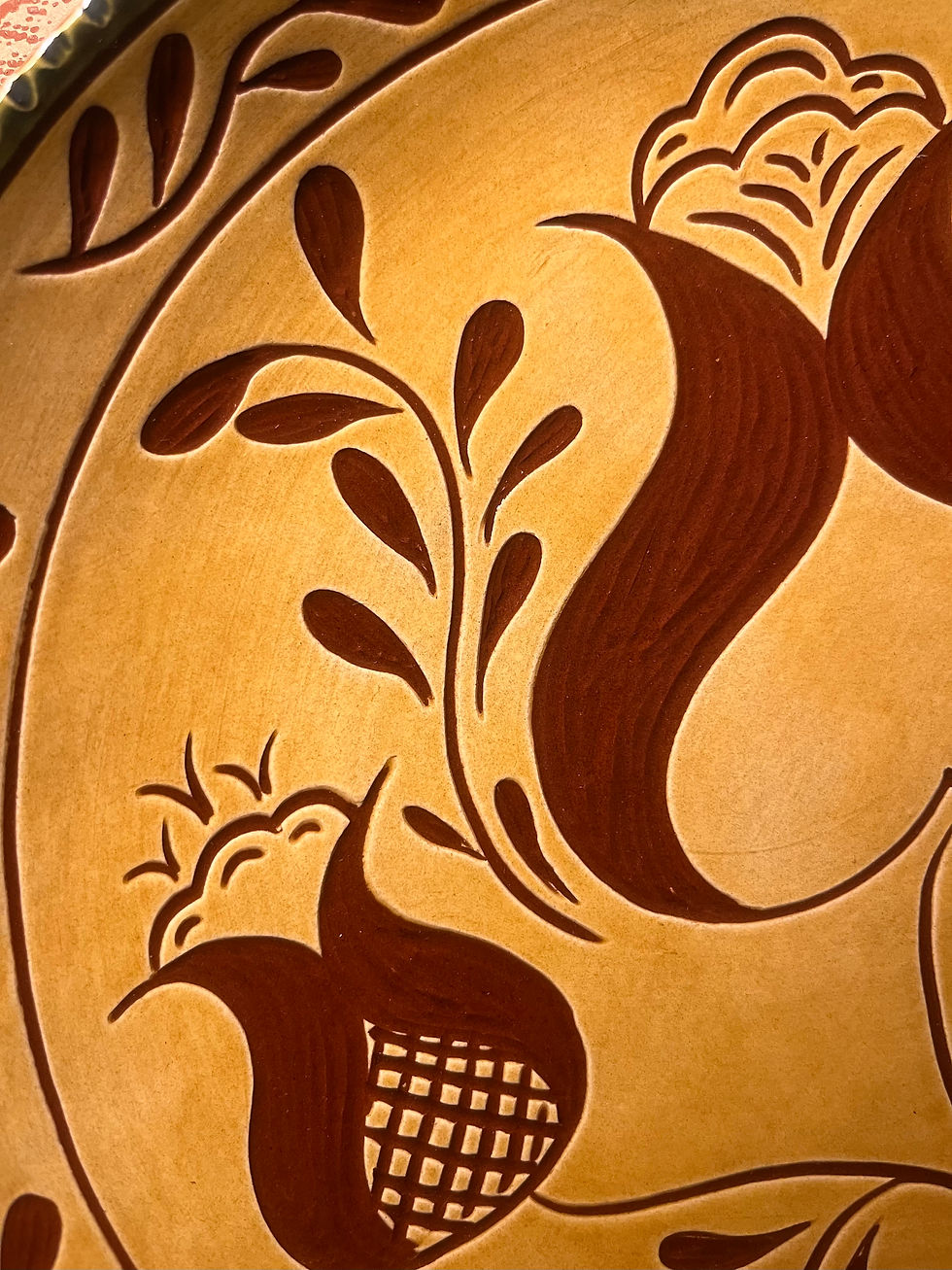 Thumbnail: Detail of Redware plate with sgraffito design - item SG1583