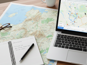 Traveler writing itinerary in notebook