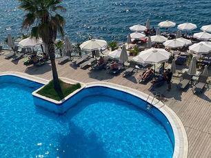 Balcony view of Saranda bay at sunset