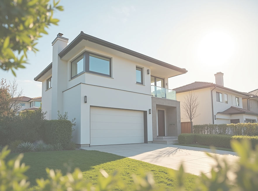 A modern, energy-efficient home with clean lines and well-installed windows on a sunny day