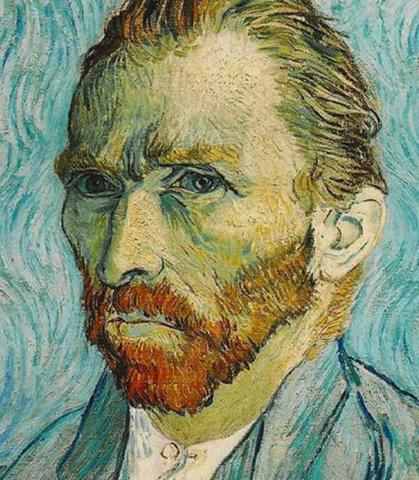 A self-portrait of painter Vincent Van Gogh with light blue shades, white, and orange for his beard and hair.