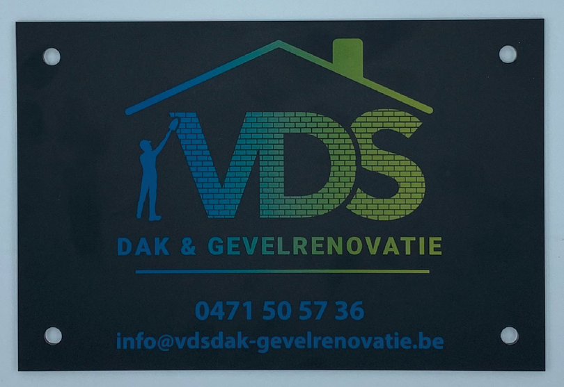 aluminium bord die aan de muur gehangen kan worden met onze fixings. Full color gedrukt. Voor zelfstandige ondernemer in de bouwsector. 
