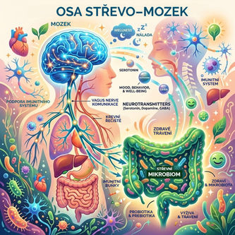 Barevná infografika osy střevo–mozek: mozek, střeva, mikrobiom, nervy a imunitní systém s popisky.
