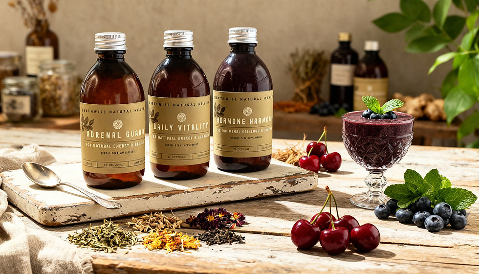Three bottles labeled Adrenal Guard, Daily Vitality, Hormone Harmony on a table with herbs, cherries, blueberries, smoothie, bright natural setting.