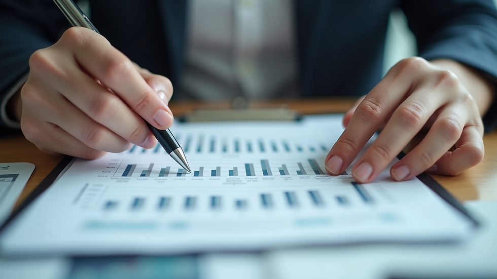 Close-up view of hands analyzing financial documents
