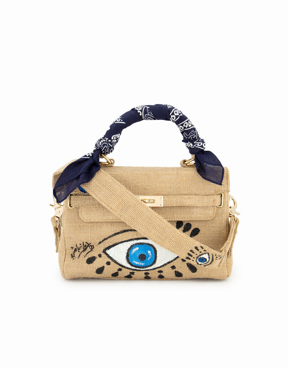 Thumbnail: Hand-painted Women Bag - Blue Eye - With Golden Color Accessories & Strap