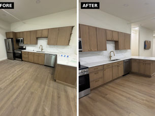 Before and after multifamily post-construction cleaning of a new apartment kitchen in New Hampshire: drywall debris on the LVP floor and tape on the quartz counter, then clean cabinets, quartz and stainless appliances