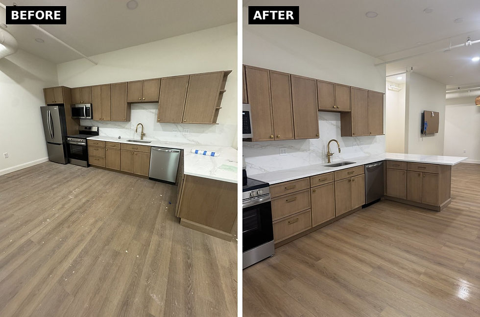 Before and after multifamily post-construction cleaning of a new apartment kitchen in New Hampshire: drywall debris on the LVP floor and tape on the quartz counter, then clean cabinets, quartz and stainless appliances