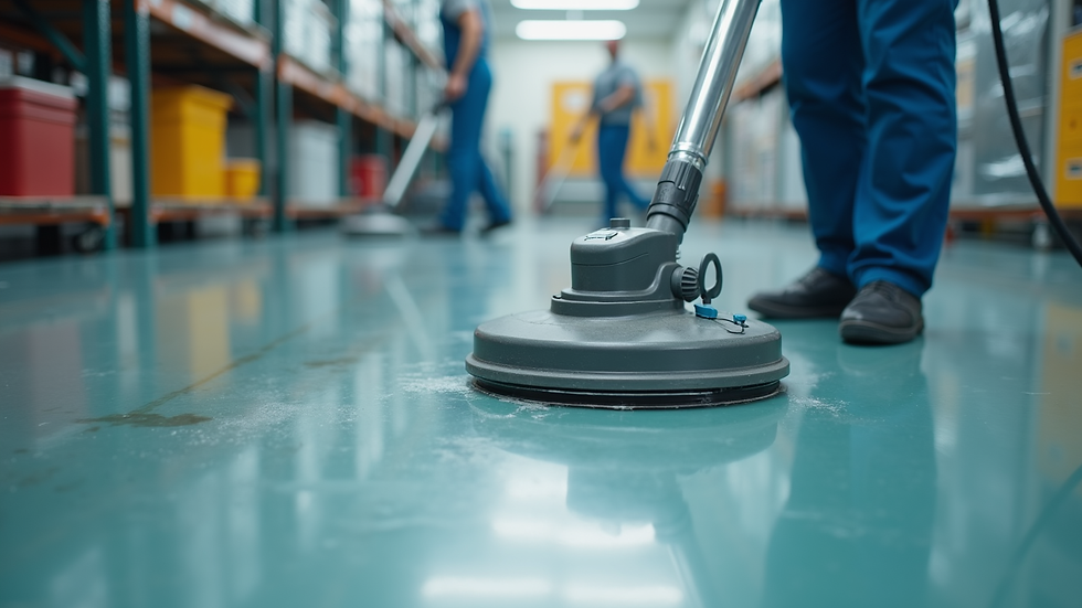Close-up view of industrial floor cleaning with specialized equipment