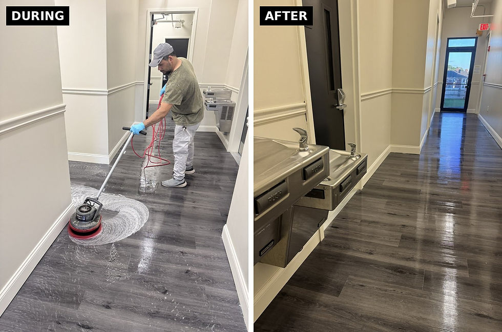 Technician scrubbing apartment corridor LVP flooring with an orbital floor machine, and the same corridor after the final post-construction clean