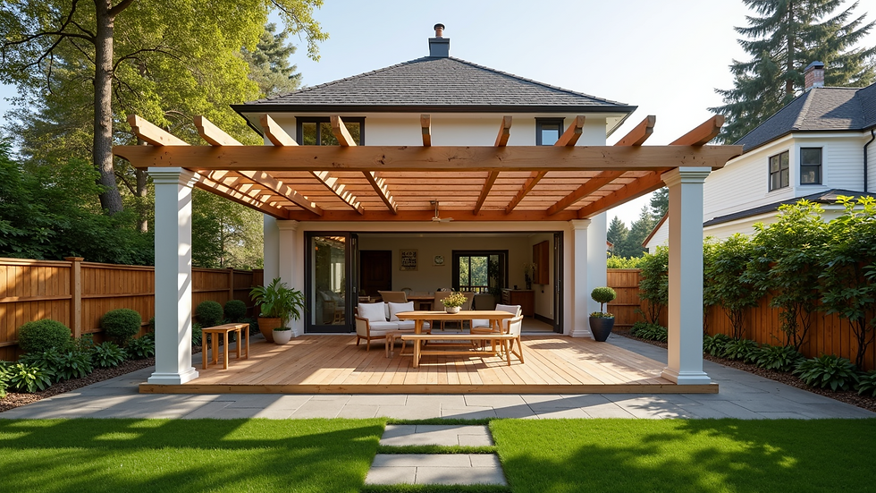 Wide angle view of a custom pergola being constructed in a backyard
