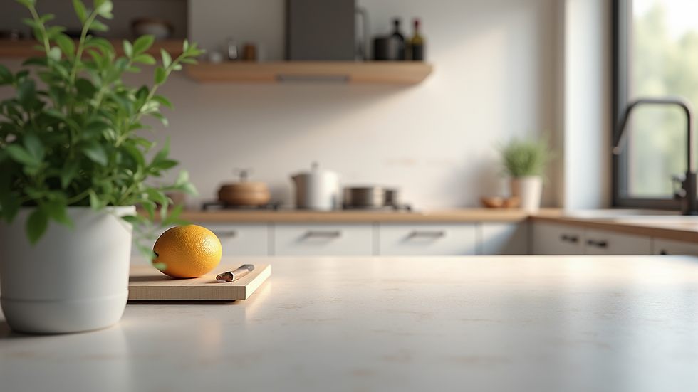 Eye-level view of a kitchen workspace featuring a high pressure laminate countertop
