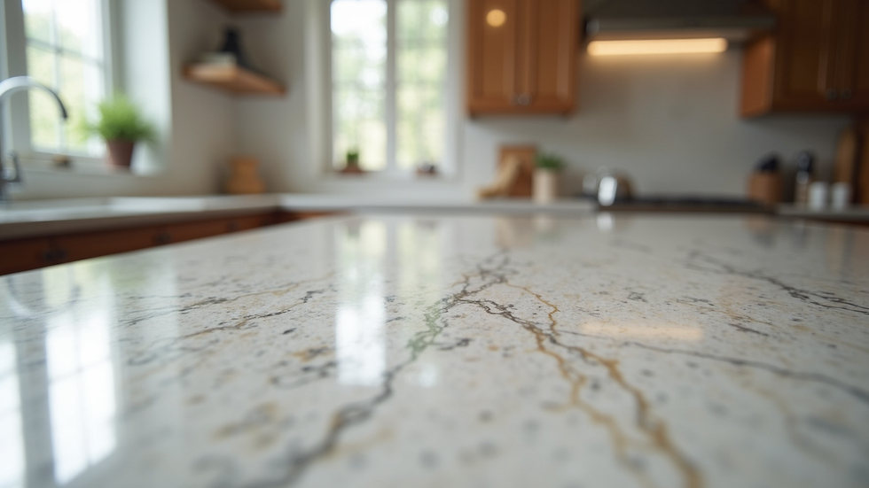 High angle view of polished granite countertop with natural veining