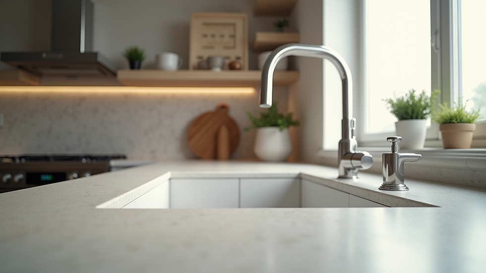 Eye-level view of modern kitchen with laminate countertops
