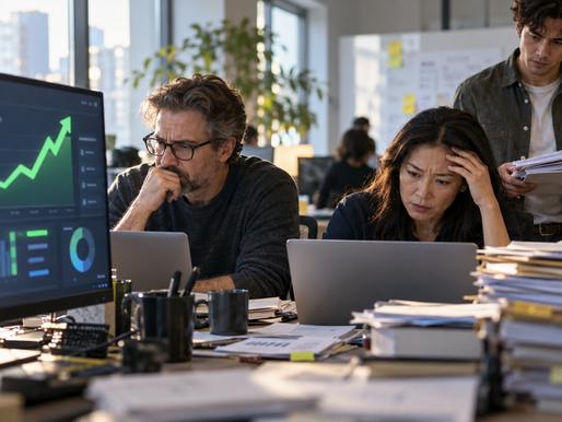 An AI productivity dashboard rises while an office team struggles with stacks of work awaiting review.