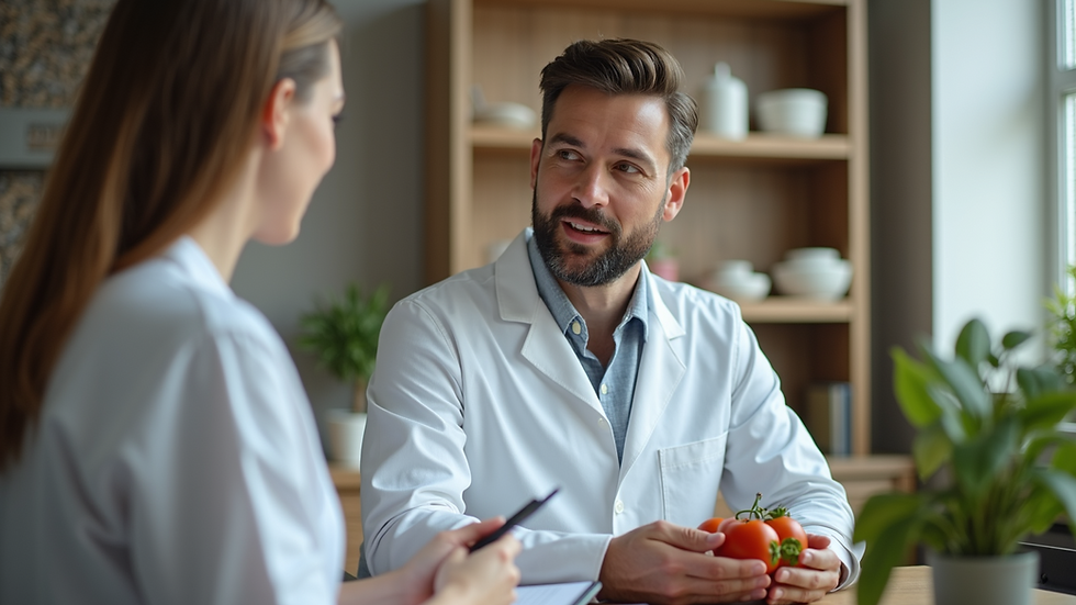 Close-up view of a nutritionist discussing a meal plan with a client
