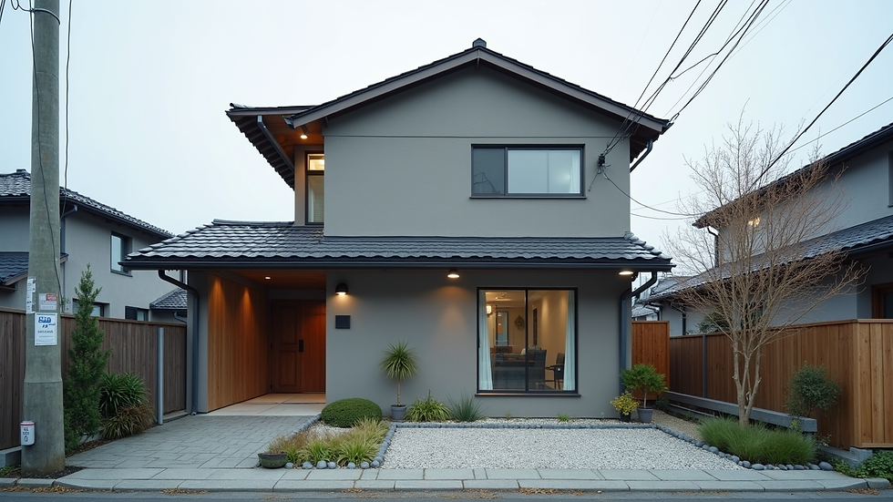 Eye-level view of a modern Japanese house exterior in Kumamoto