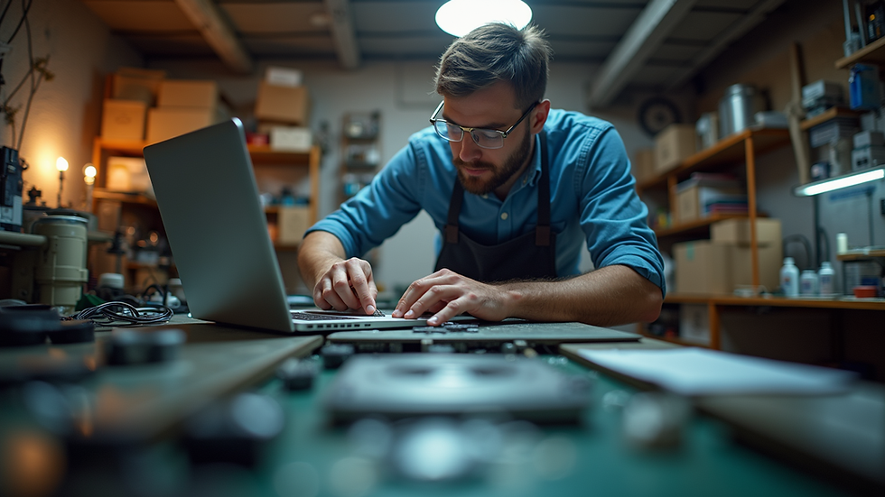 Eye-level view of a computer technician repairing a laptop in a cozy workshop
