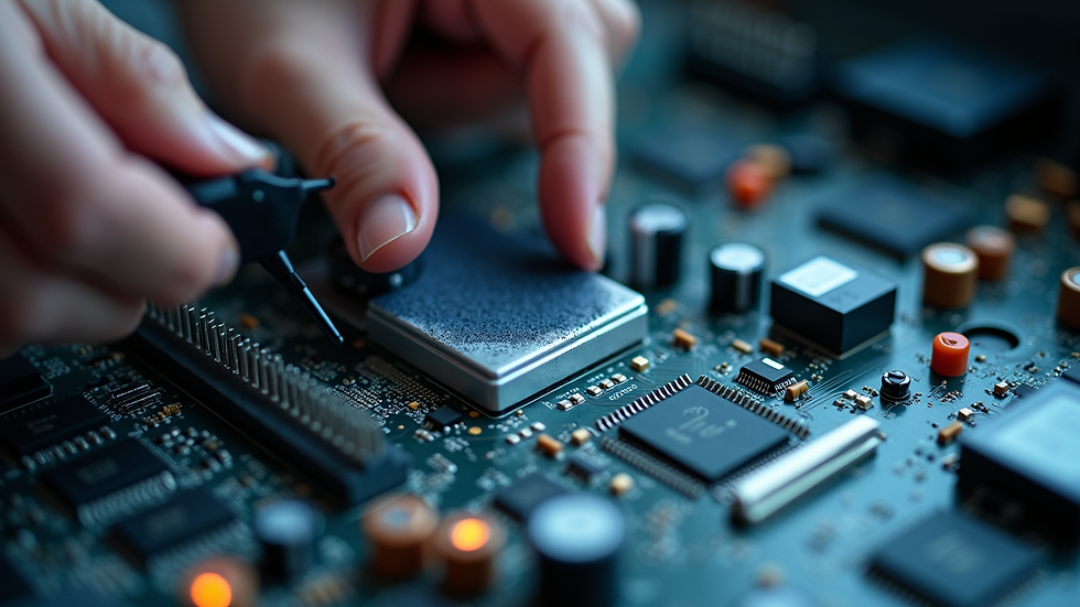 Close-up view of computer components being cleaned