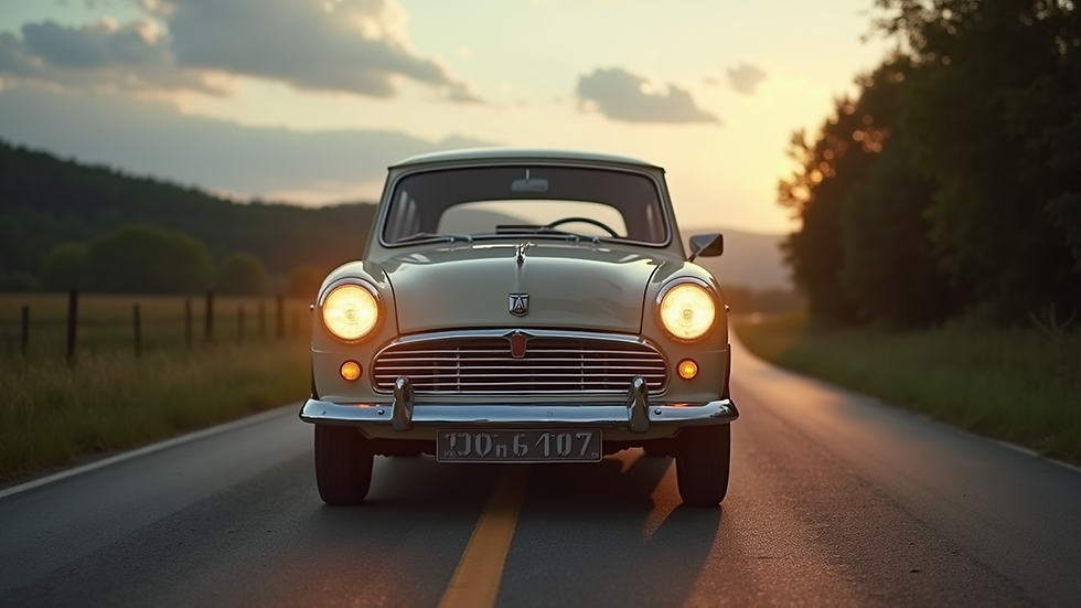 Eye-level view of classic car with upgraded LED headlights on a country road