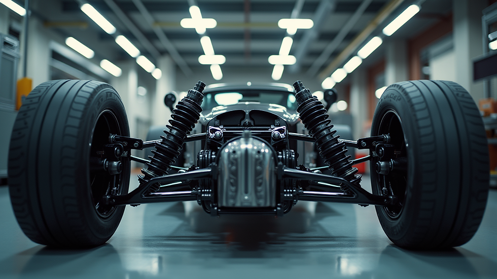Eye-level view of a custom car suspension system being assembled