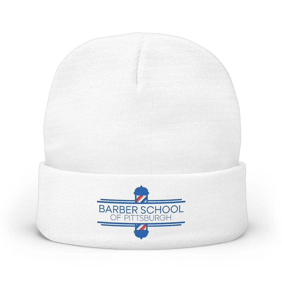 Thumbnail: Barber School Embroidered Knit Beanie – Classic Barber Pole Logo